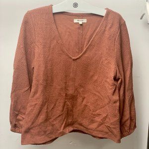 Madewell M Burnt Orange Textured V Neck Balloon Sleeve Top